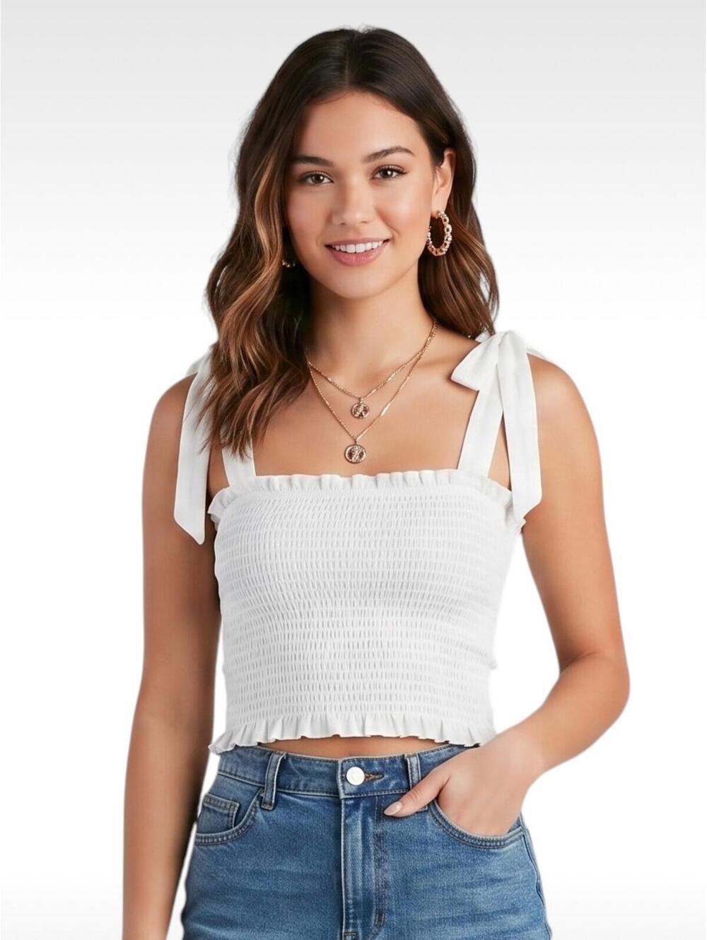 Show Me Your Mumu Antoinette Smocked Tie Strap Crop Top White Size Small